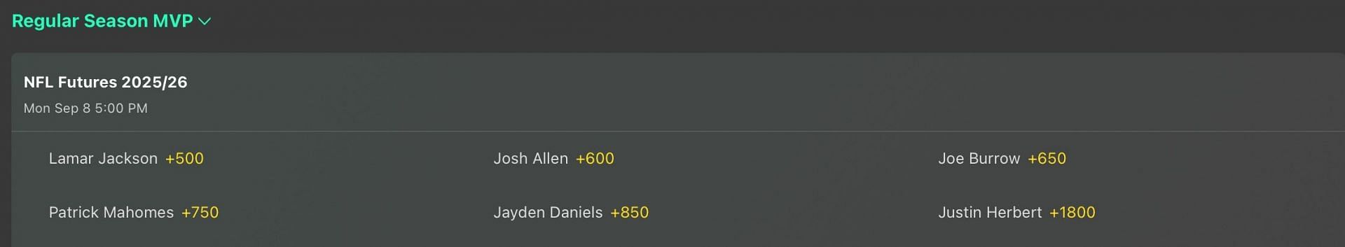 Lamar Jackson MVP Odds - Bet365